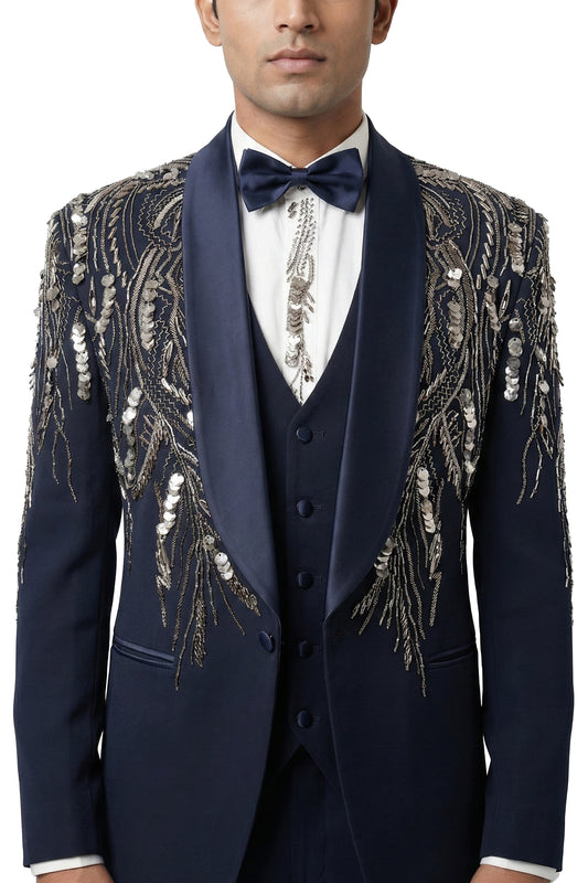 Navy Embroidered Tuxedo Set