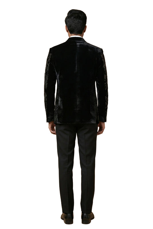 Black Tonal Embroidered Velvet Tuxedo Set