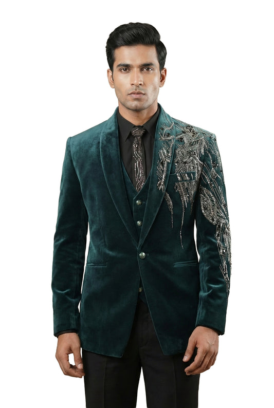 Teal Embroidered Velvet Tuxedo Set