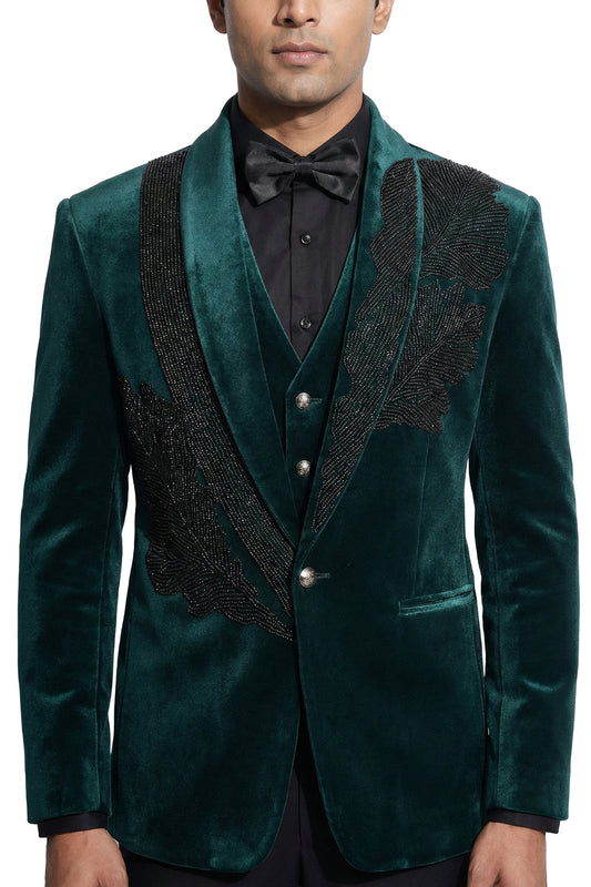 Green Embroidered Velvet Tuxedo Set