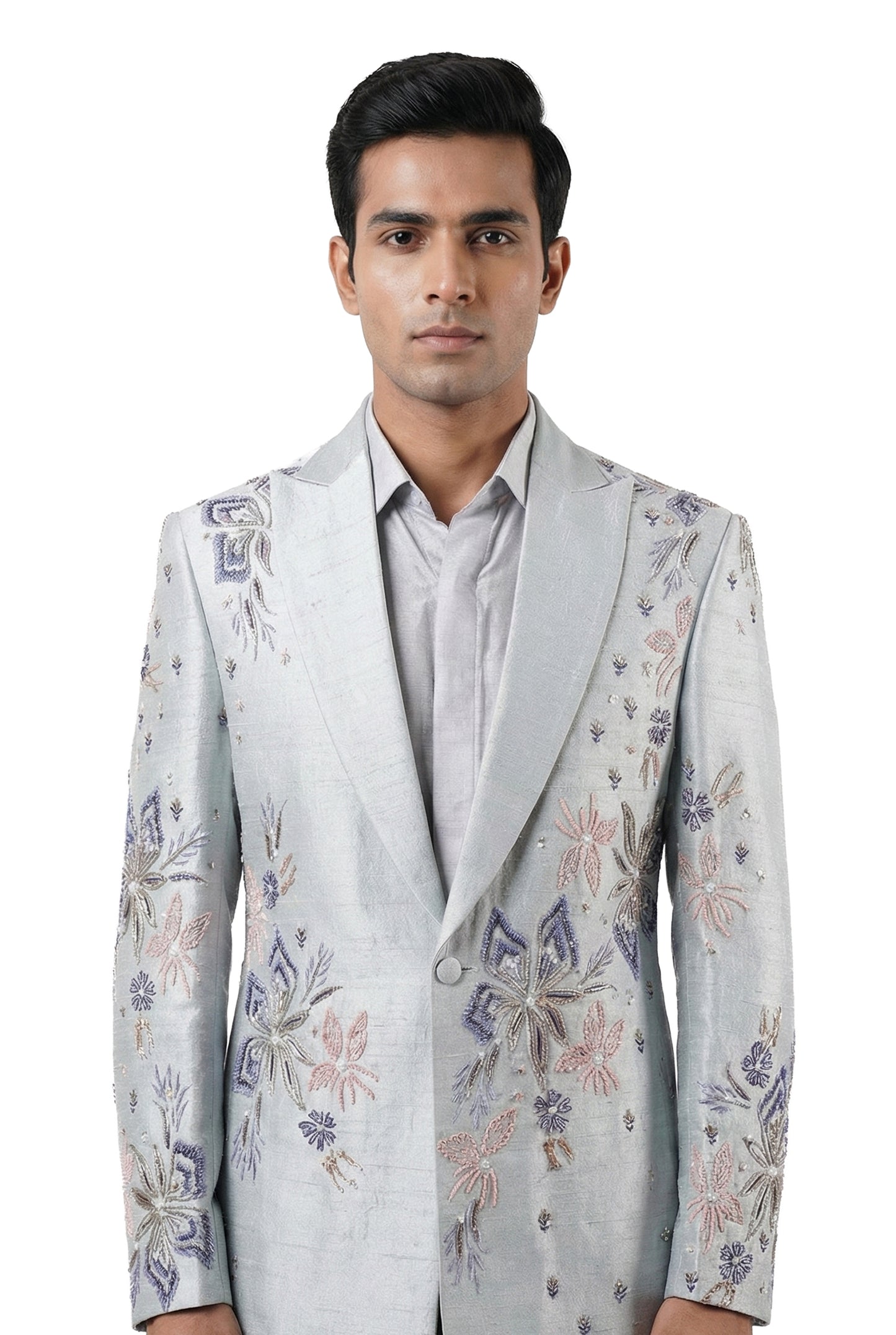 Powder Blue Floral Embroidered Blazer Jacket