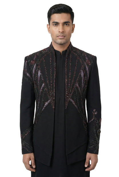 Black Gem-Embellished Open-Style Jacket Set