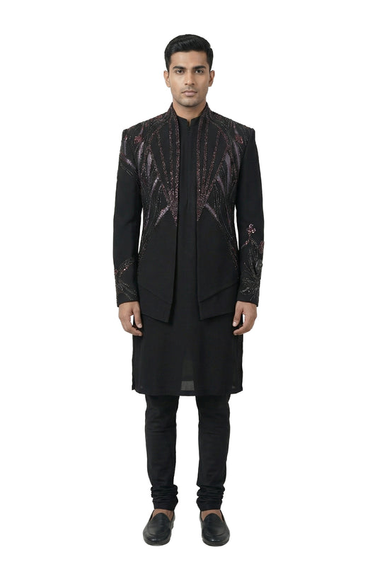 Black Gem-Embellished Open-Style Jacket Set