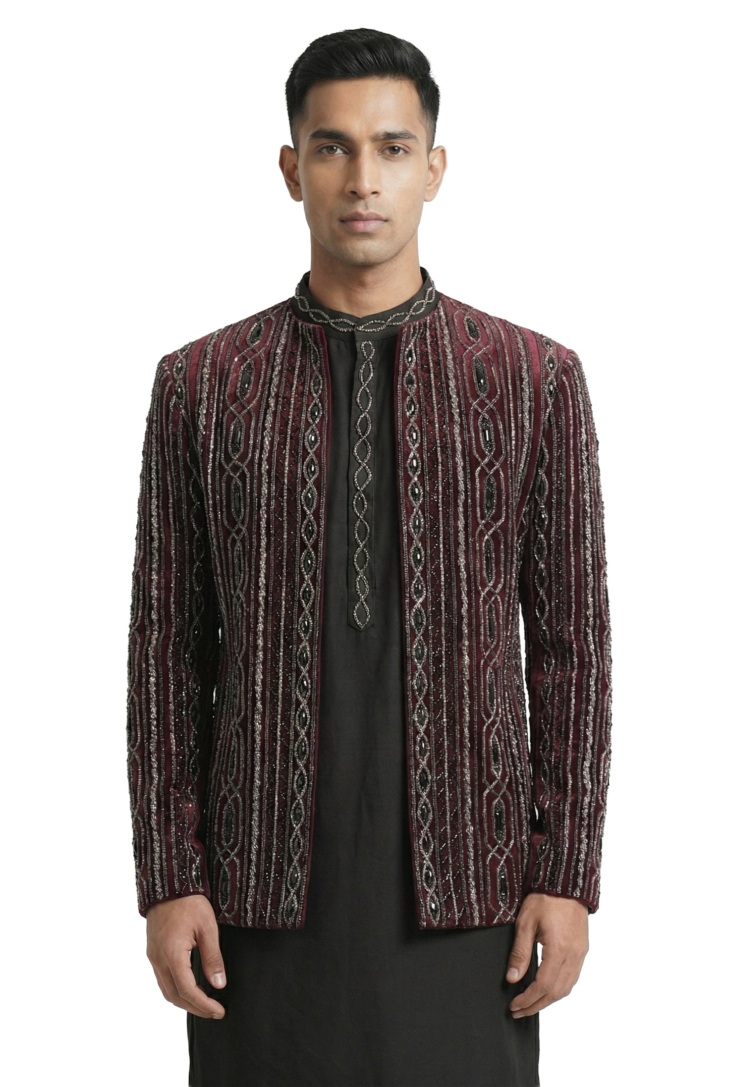 Maroon Gem-Encrusted Open-Style Jacket Set