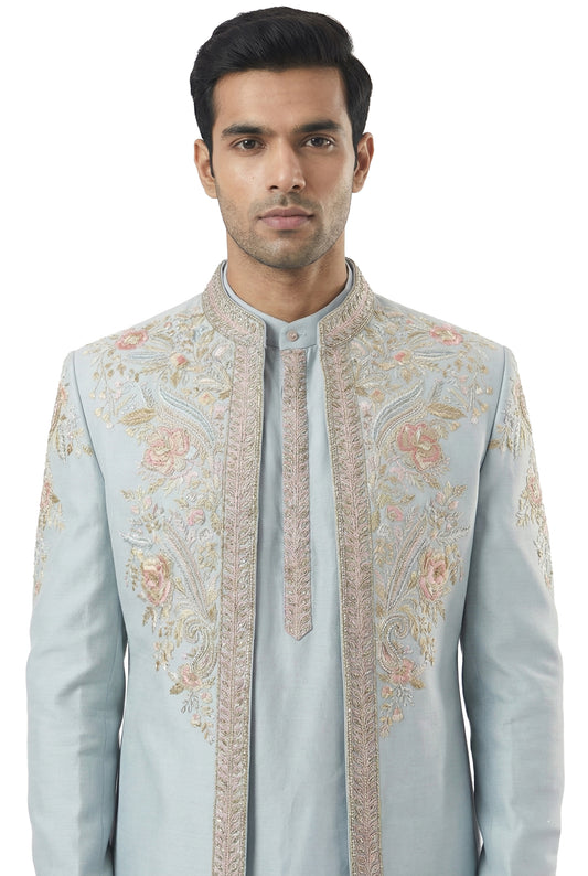 Blue Embroidered Indo-Western Jacket Set
