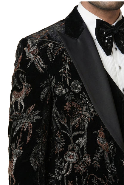 Black Tonal Embroidered Velvet Tuxedo Set