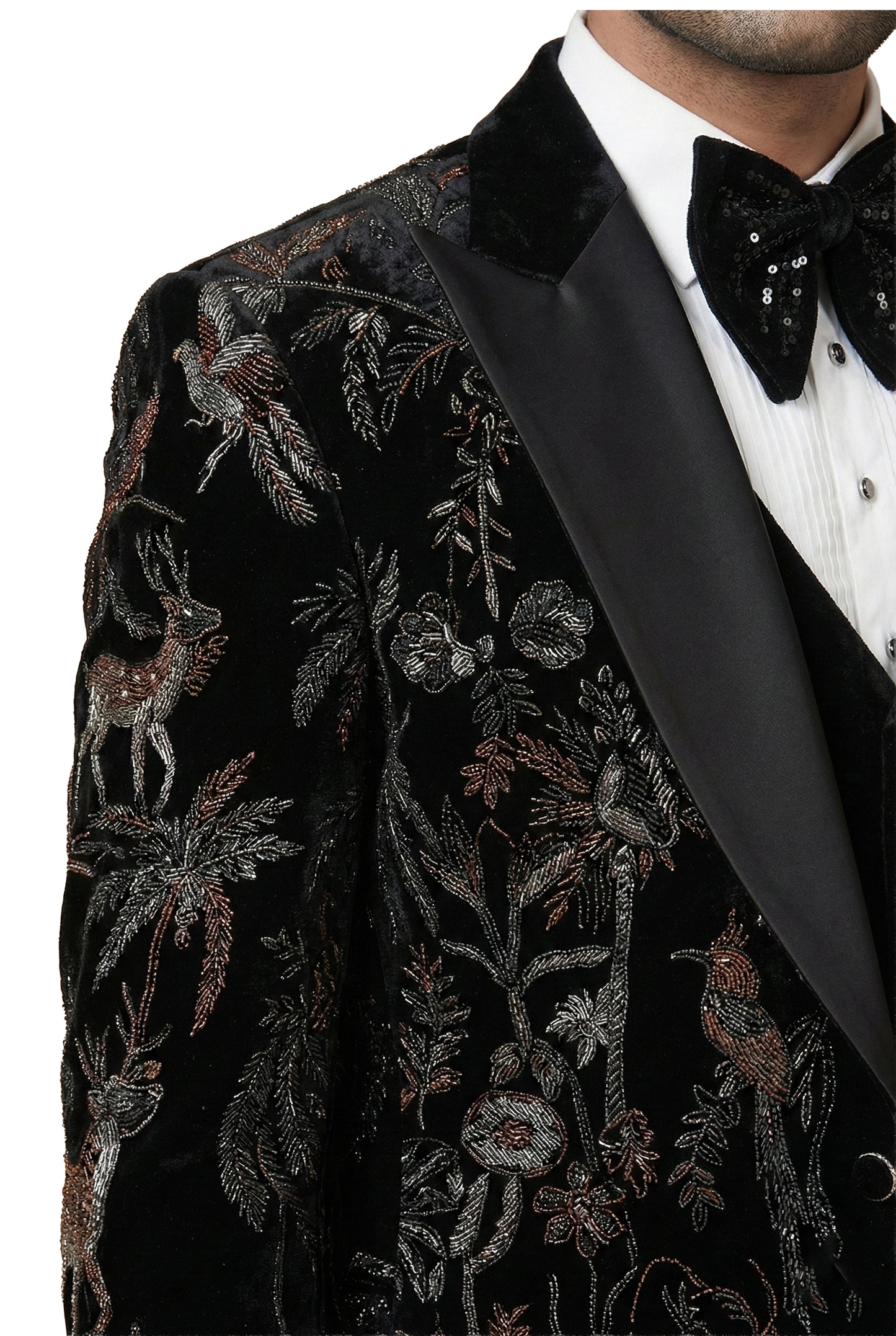 Wine Floral Embroidered Velvet Tuxedo Set