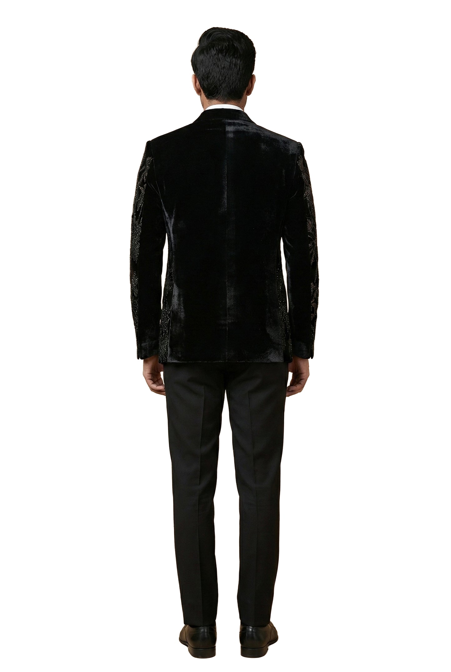 Black Tonal Embroidered Velvet Tuxedo Set
