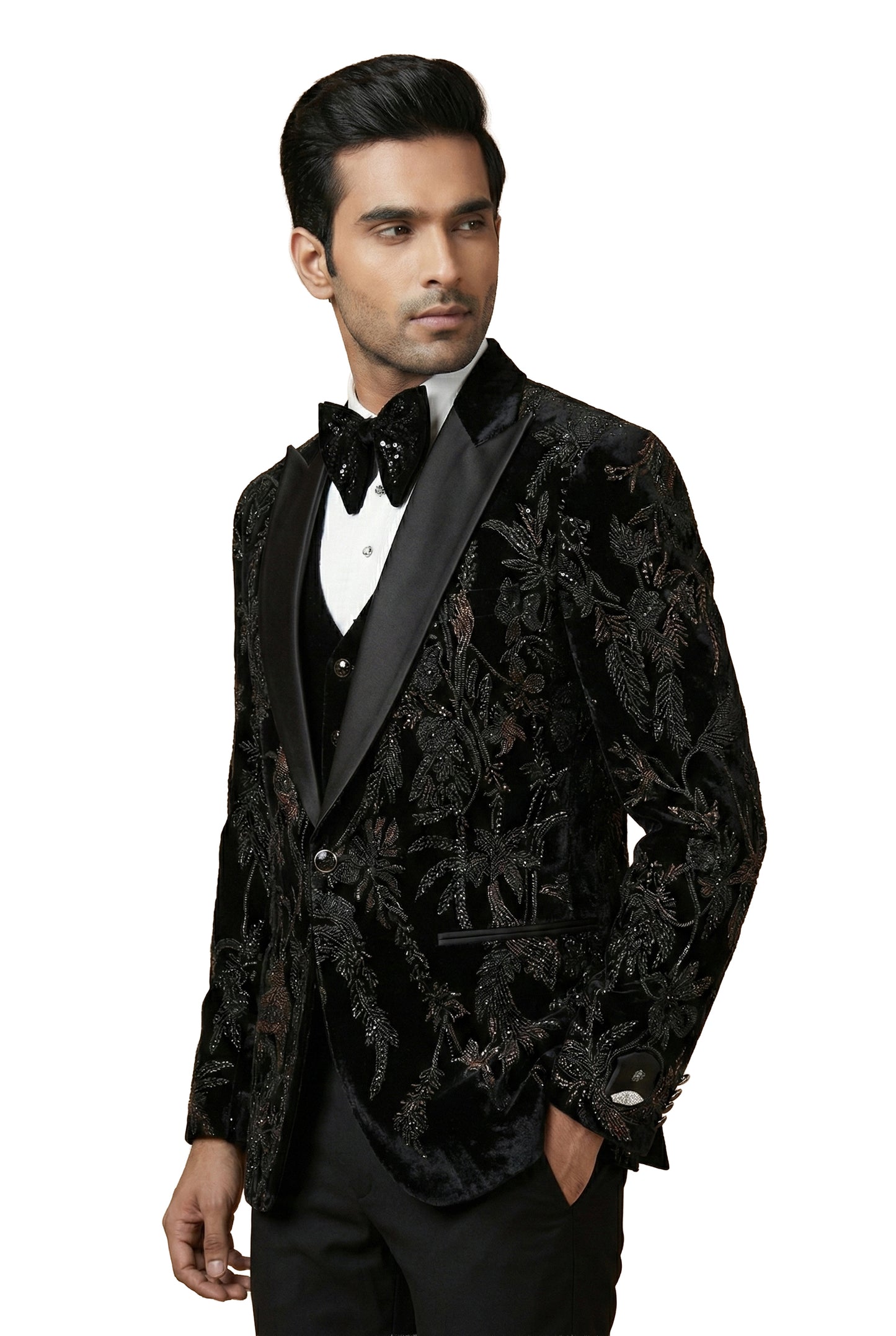 Black Tonal Embroidered Velvet Tuxedo Set
