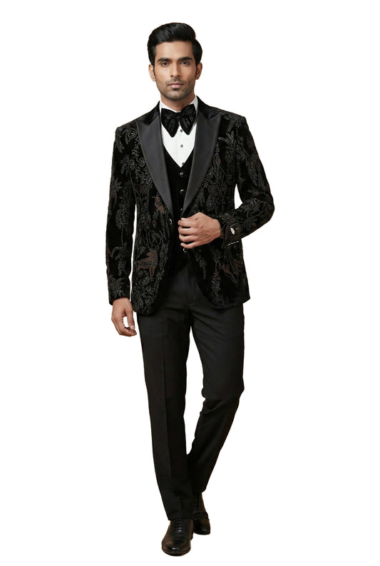 Black Tonal Embroidered Velvet Tuxedo Set