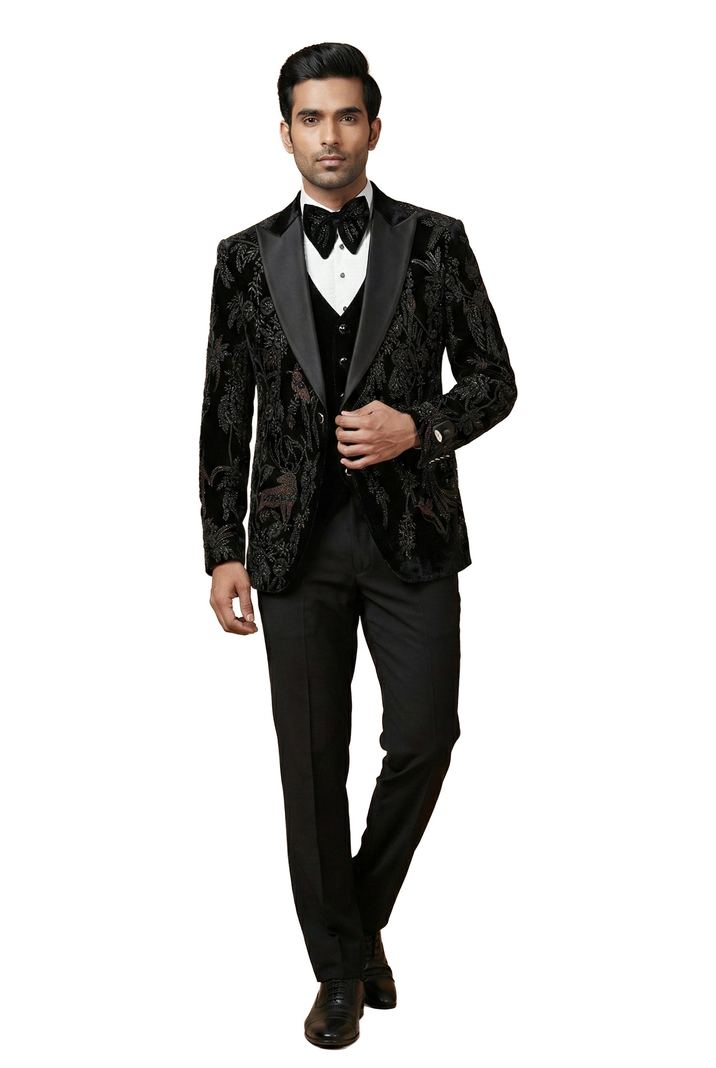 Wine Floral Embroidered Velvet Tuxedo Set