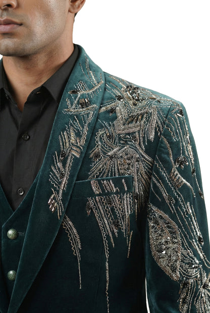 Teal Embroidered Velvet Tuxedo Set