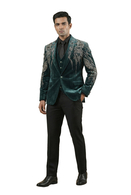 Green Velvet Tuxedo Set with Asymmetric Metallic Embroidery
