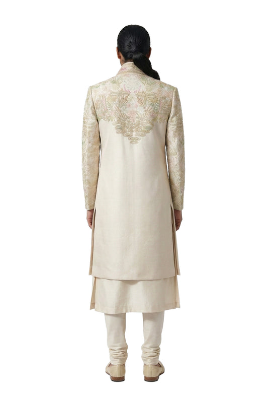 Ivory Pastel Embroidered Sherwani Set with Belt