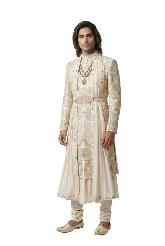 Ivory Pastel Embroidered Sherwani Set with Belt