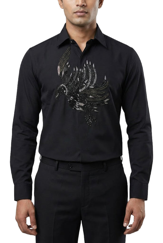 Black Embellished Bird Motif Shirt