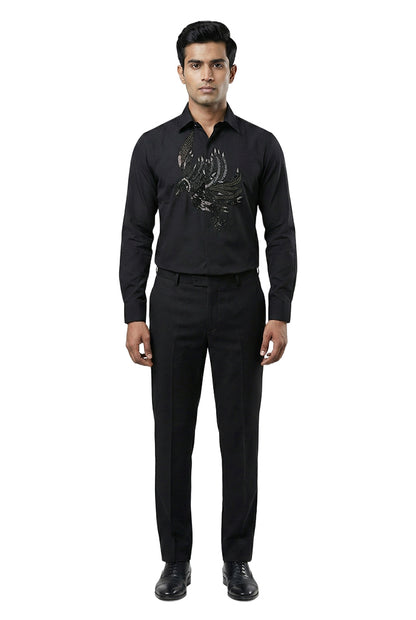 Black Embellished Bird Motif Shirt