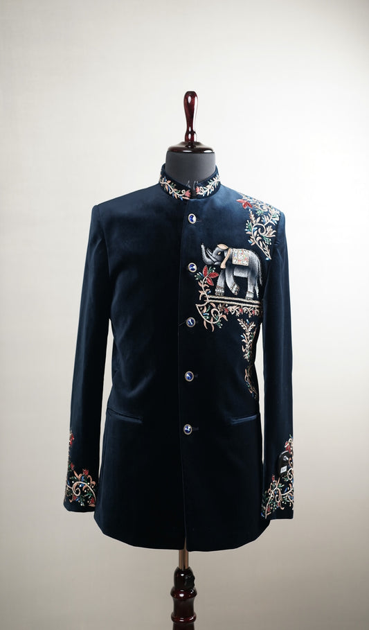Navy Blue Velvet Embroidered Bandhgala