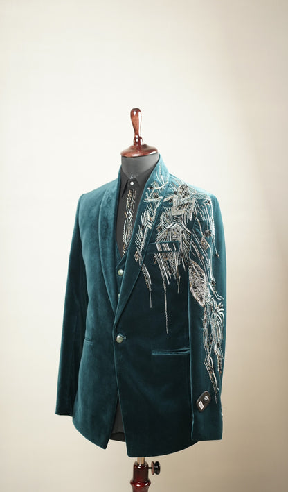 Teal Embroidered Velvet Tuxedo Set