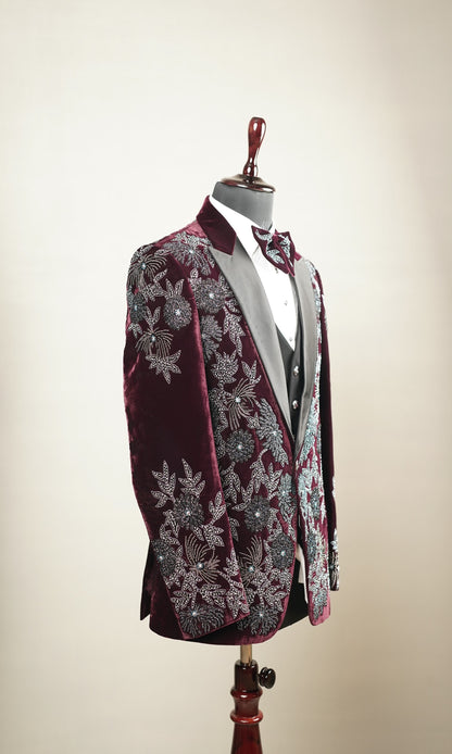 Wine Embroidered Tuxedo Set